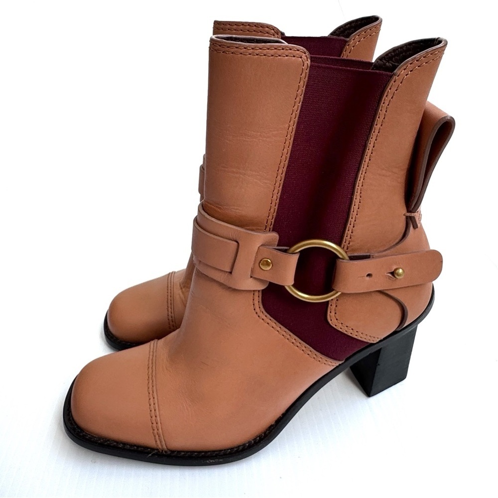See By Chloe Alexis Tan and Burgundy Heeled Boots size 38 1/2